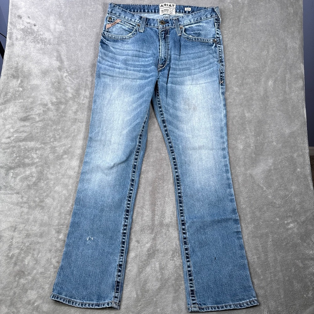 Ariat M4 Straight Leg Mens Jeans 34x34 Blue Denim Medium Wash Whiskers